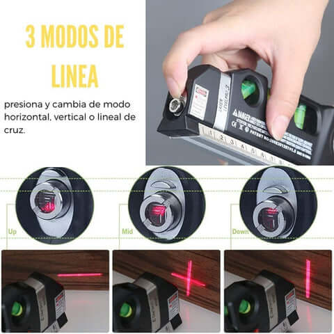 NivelMaster - Nivel Láser 3 Burbujas con Cinta Métrica Integrada