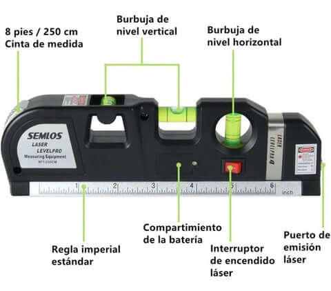 NivelMaster - Nivel Láser 3 Burbujas con Cinta Métrica Integrada