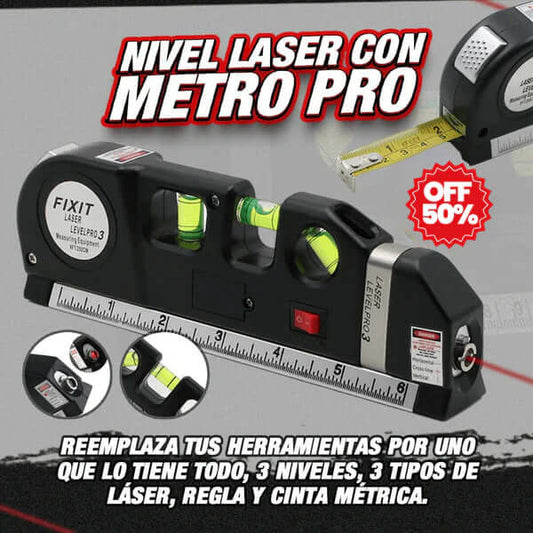 NivelMaster - Nivel Láser 3 Burbujas con Cinta Métrica Integrada