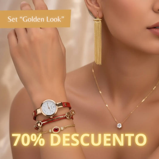 Set “Golden Look” - 1 Reloj - 1 Par de Aretes - 3 Pulseras - 1 collar