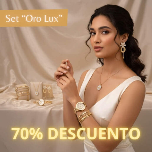 Set “Oro Lux” - 1 Reloj - 1 Par de Aretes - 6 Pulseras - 1 collar