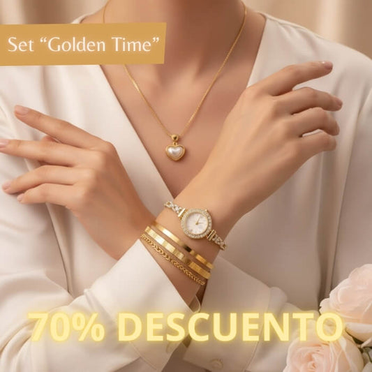 Set “Golden Time” - 1 Reloj - 1 Par de Aretes - 5 Pulseras - 1 collar