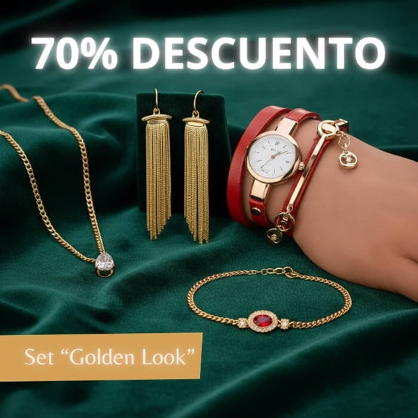 Set “Golden Look” - 1 Reloj - 1 Par de Aretes - 3 Pulseras - 1 collar