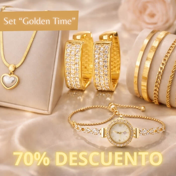 Set “Golden Time” - 1 Reloj - 1 Par de Aretes - 5 Pulseras - 1 collar